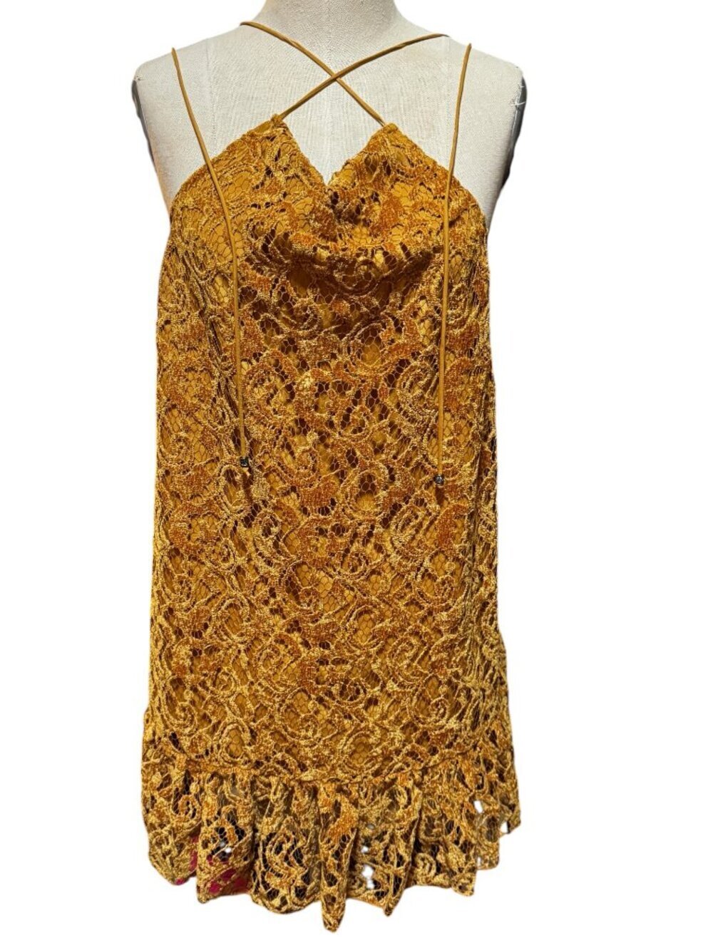 Free People Lace Tunic Tank Medium Mustard Boho Festival Strappy Cami Top